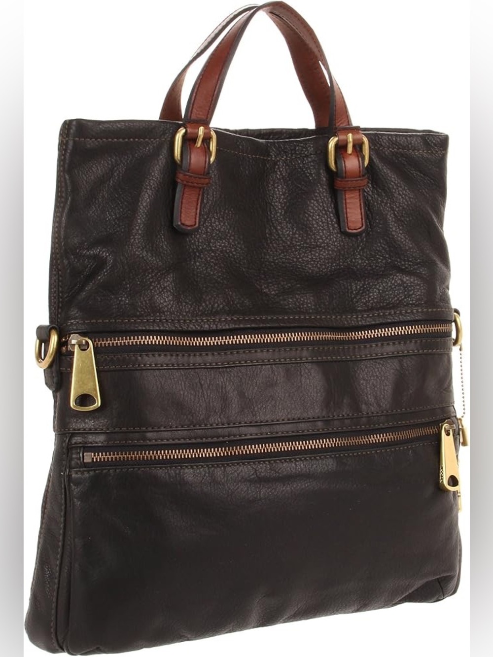 Fossil Black Leather Foldover Crossbody Messenger Bag Brown Trim Vintage Style